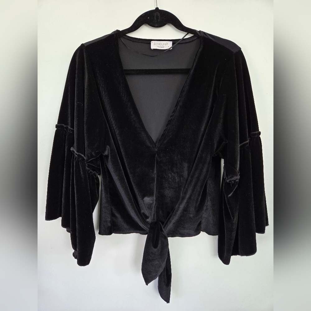 Lavander Field Whimsigoth Witchy Bell Sleeves black velvet tie-front top. Medium